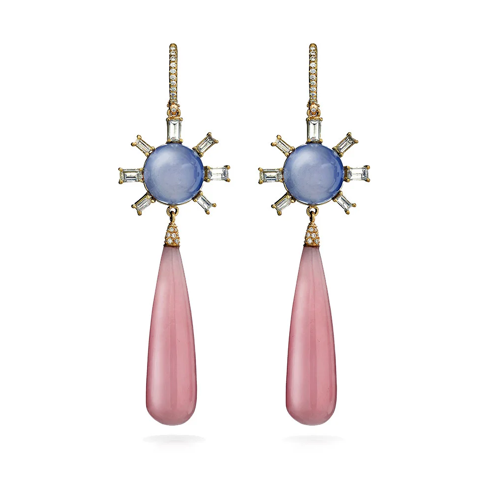 PINK OPAL BRIOLETTE AND CHALCEDONY ROUNDS WITH BAGUETTE CUT DIAMONDS AND DIAMOND PAVE EURO WIRES, 56 CTW