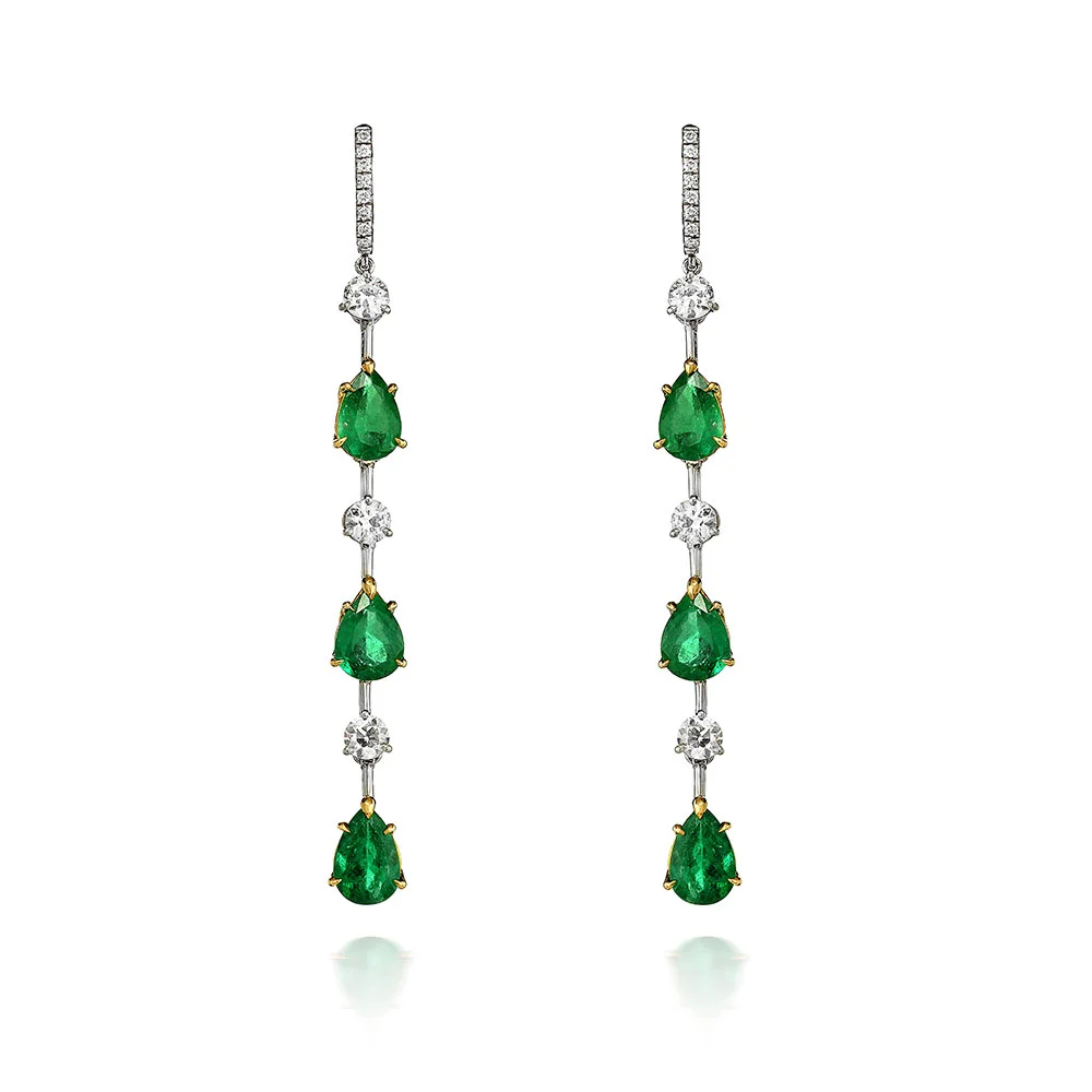 PEAR SHAPE EMERALD AND ANTIQUE EUROPEAN CUT DIAMONDS WITH KNIFE EDGE CONNECTIONS AND DIAMOND PAVE LEVER BACKS, CRAFTED IN PLATINUM, 7.82 CTW