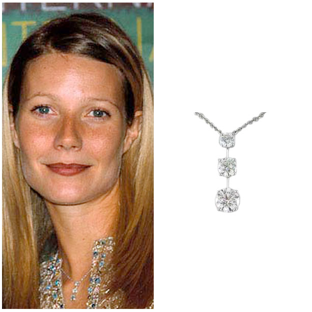  Oscar winning actress, Gwenyth Paltrow wearing SRW's classic three stone neckace set in platinum. 