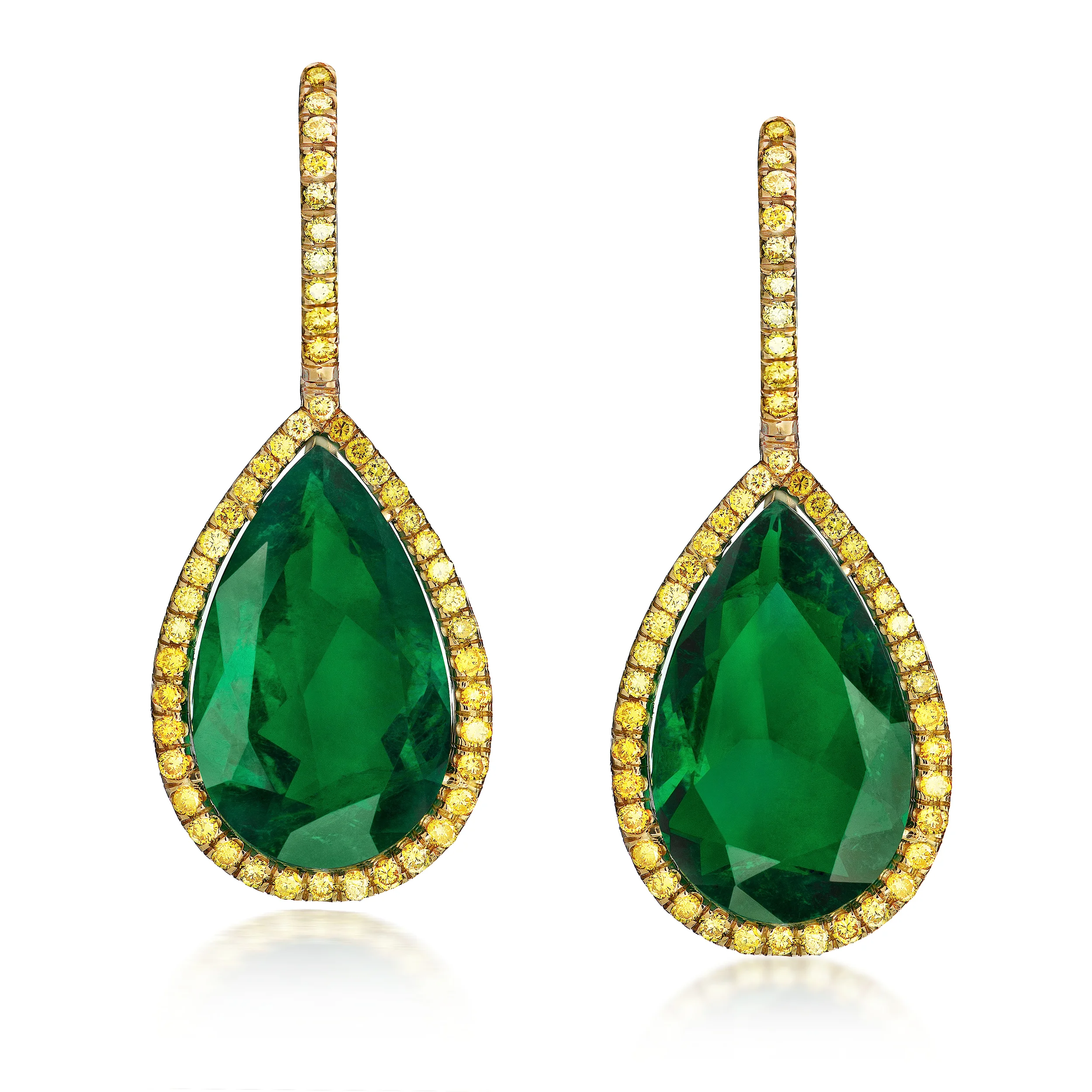 EMERALD PEAR SHAPE DROP EARRINGS WITH FANCY VIVID YELLOW ROUND DIAMONDS CRAFTED IN 18K YELLOW GOLD, 24.17 CTW 