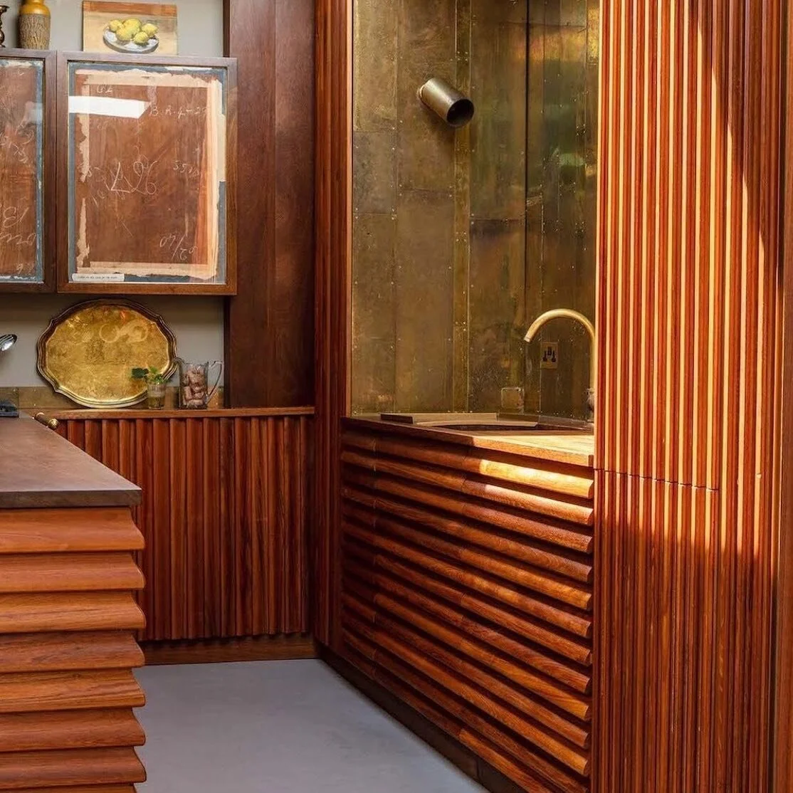 How beautiful is this kitchen! Hear Maria Speake from @retrouvius on brass splashbacks and tactile cabinetry in her episode of the The Well-crafted Life podcast. It&rsquo;s a really good one. #inspired