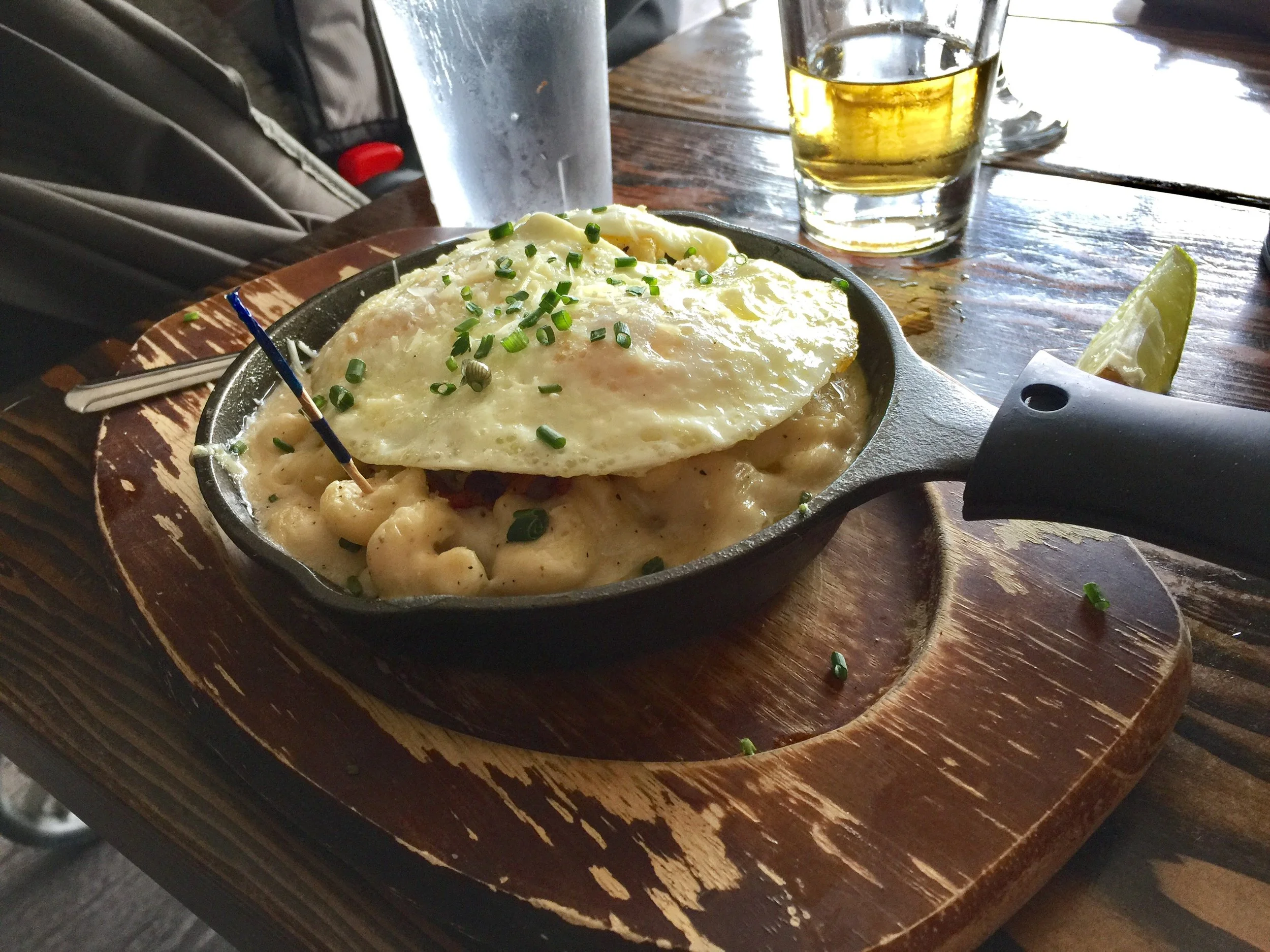 Peppered Mac and Cheese with fried eggs