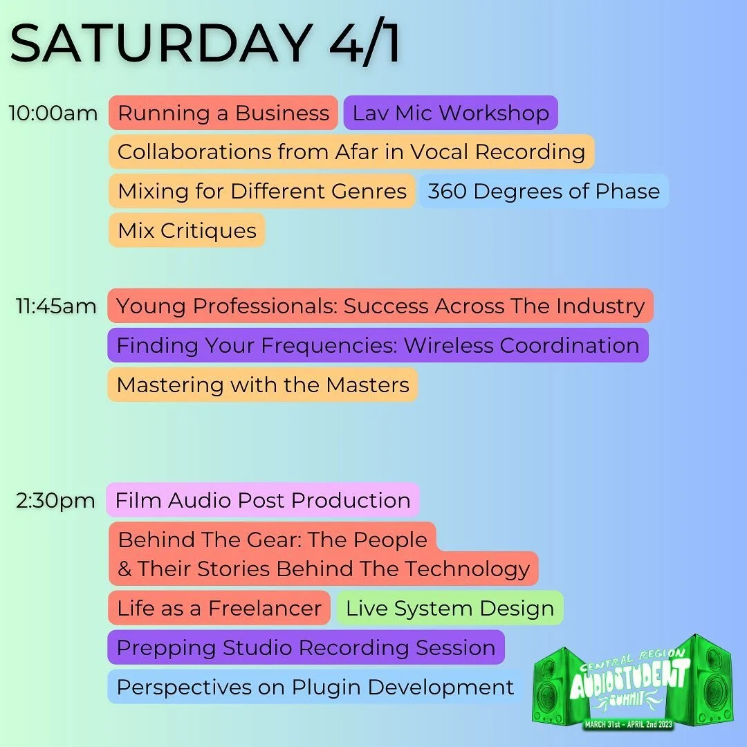 Here&rsquo;s the schedule for CRASS day 2! We got a whole day&rsquo;s worth of amazing panels and guests so get excited! The link to the full schedule is in our bio. #websteruniversity #audioengineeringsociety