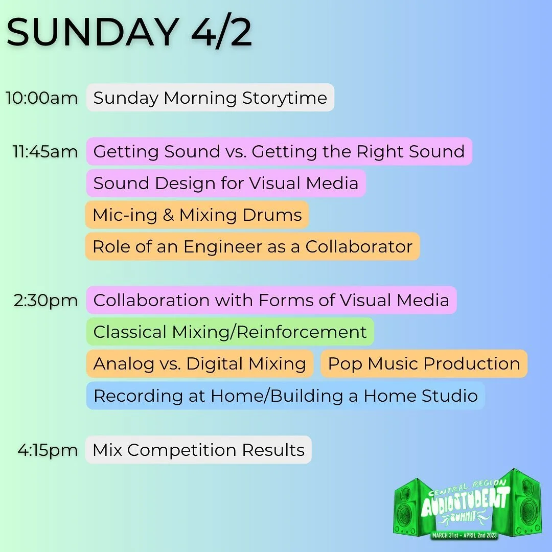 Here&rsquo;s the schedule for the final day of CRASS. We got some great panels coming up today starting with a classic Sunday morning storytime! #websteruniversity #audioengineeringsociety