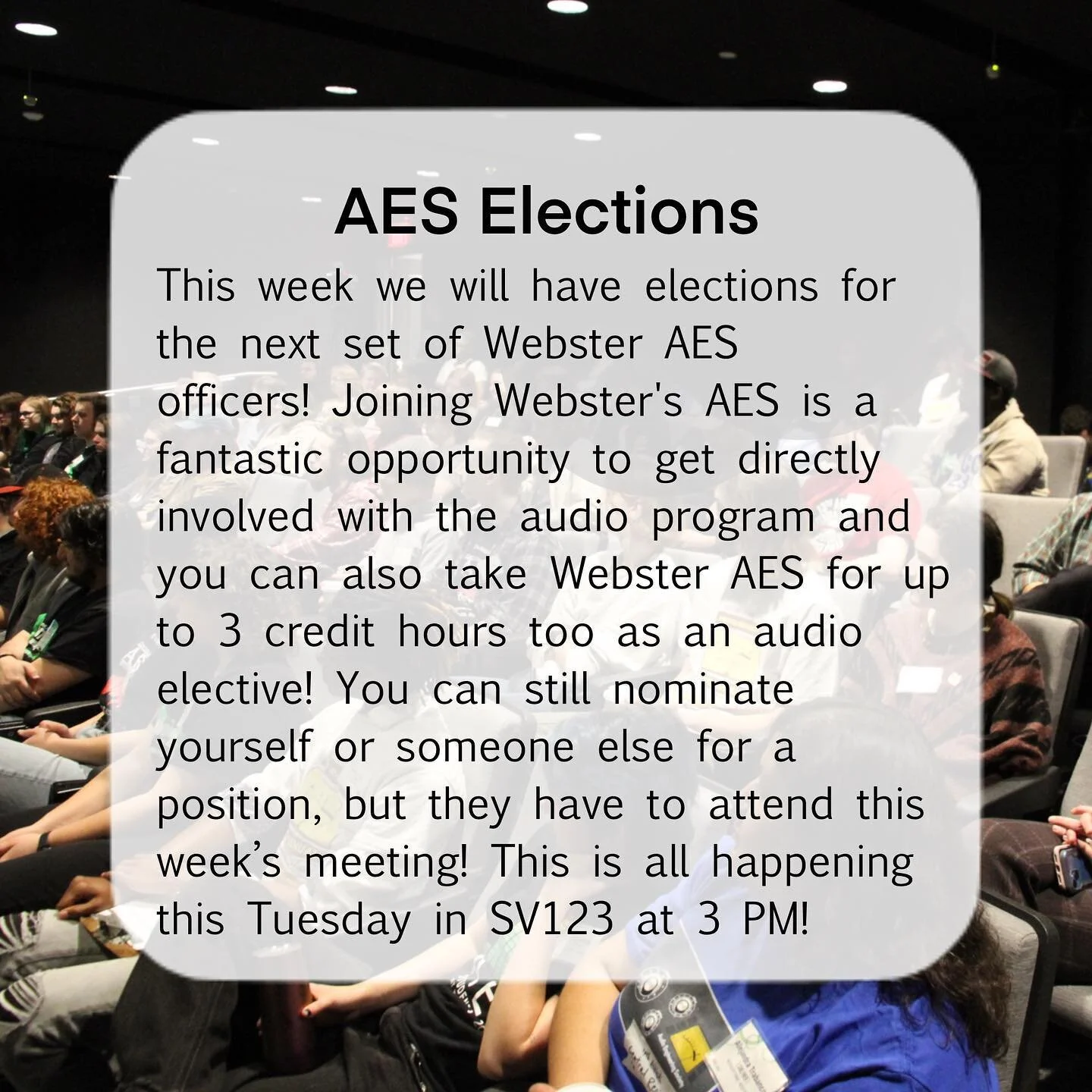 ‪This week we will have&nbsp;elections for the next set of Webster AES officers!&nbsp;Joining Webster's AES is a fantastic opportunity to get directly involved with the audio program and you can also take Webster AES for up to 3 credit hours too as a