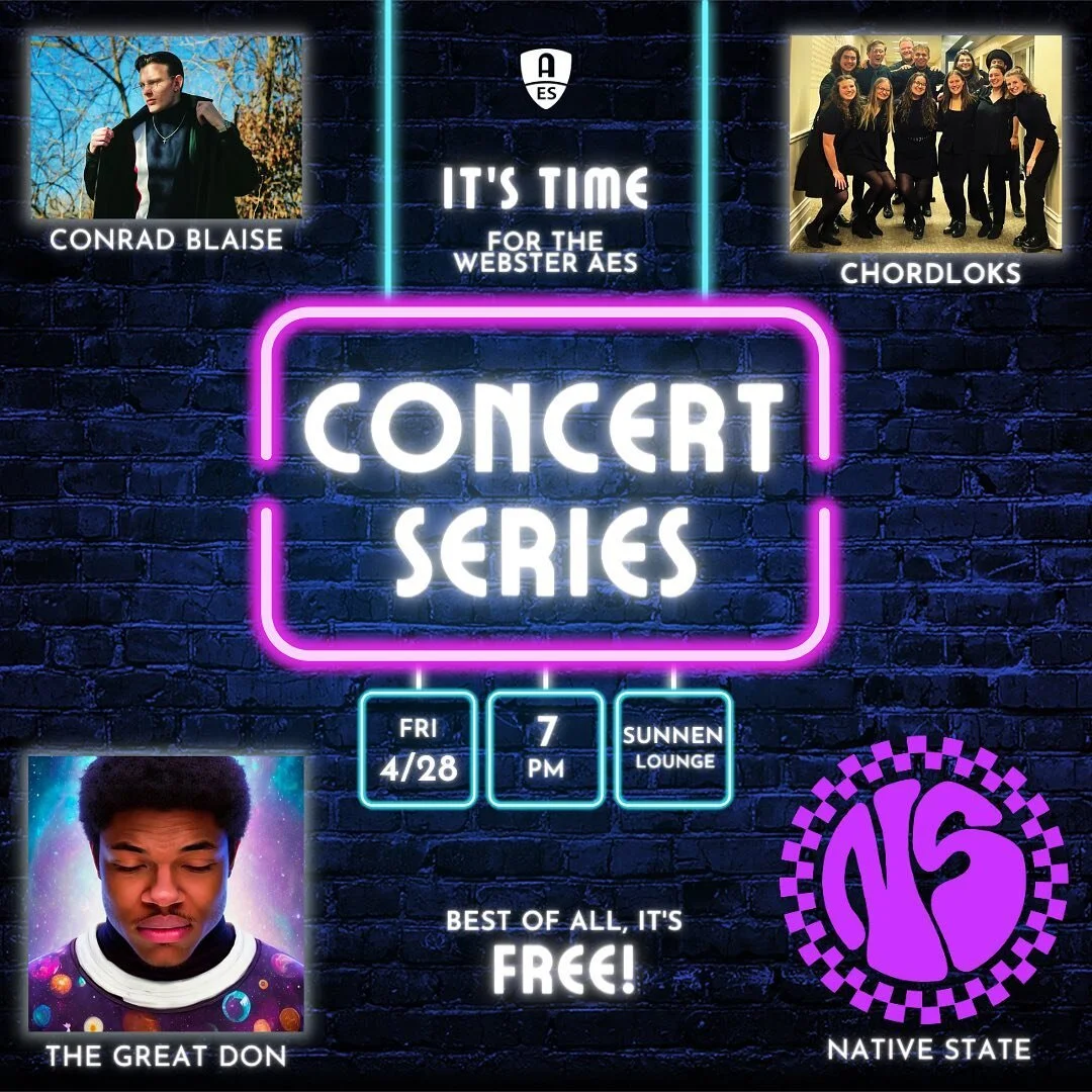 Get excited because the AES concert series is back! It's the last concert series for the semester so we're trying to go out with a bang and get our biggest crowd yet so come out to the Sunnen Lounge this upcoming Friday at 7PM to see some great artis