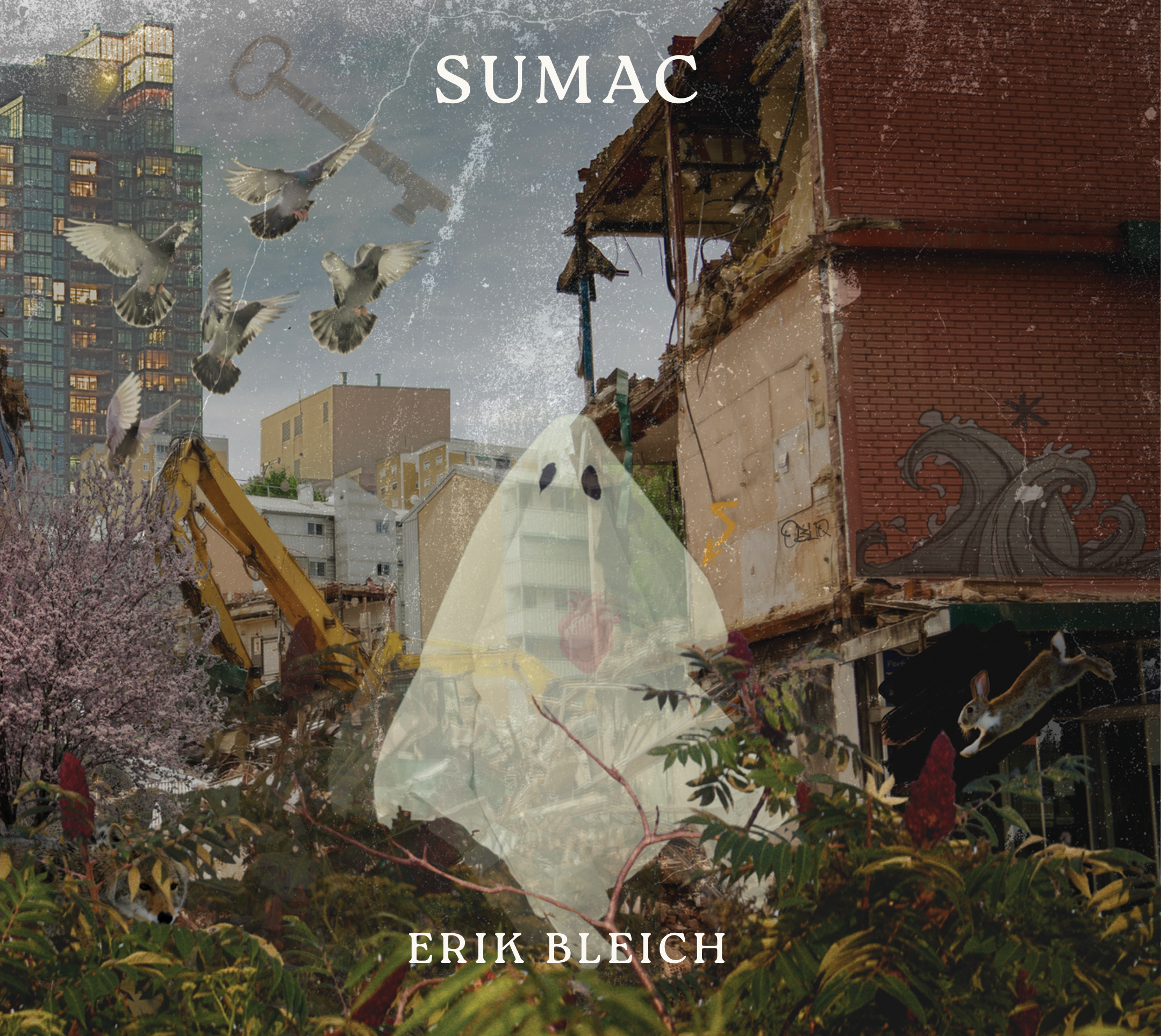 Surreal collage album artwork featuring a ghost hovering above an overgrown construction site, with demolition machinery tearing down a building and modern condos glowing in the background.
