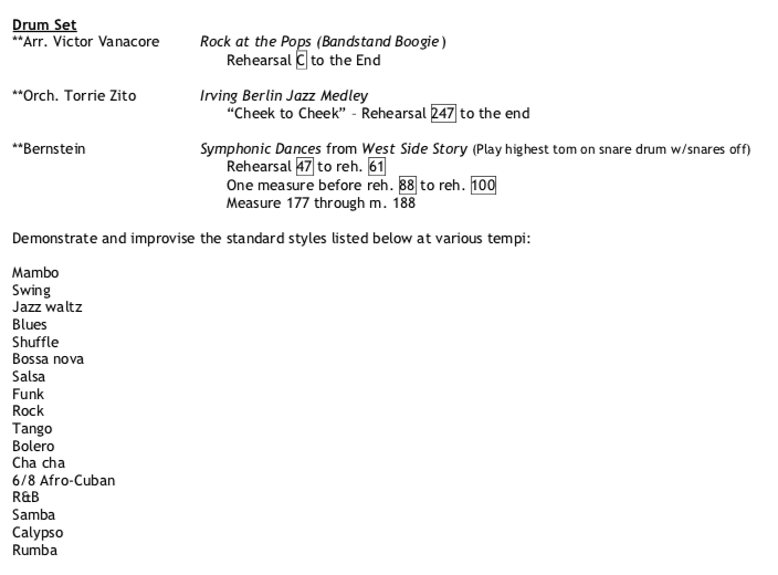 Drum Set repertoire for the San Diego Symphony percussion audition in December 2013.