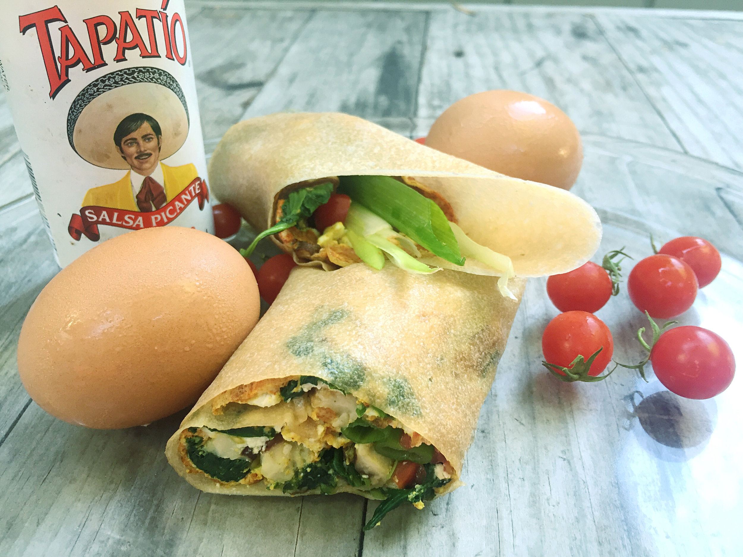 Breakfast! Coconut paleo wrapper with morning grub accoutrement.