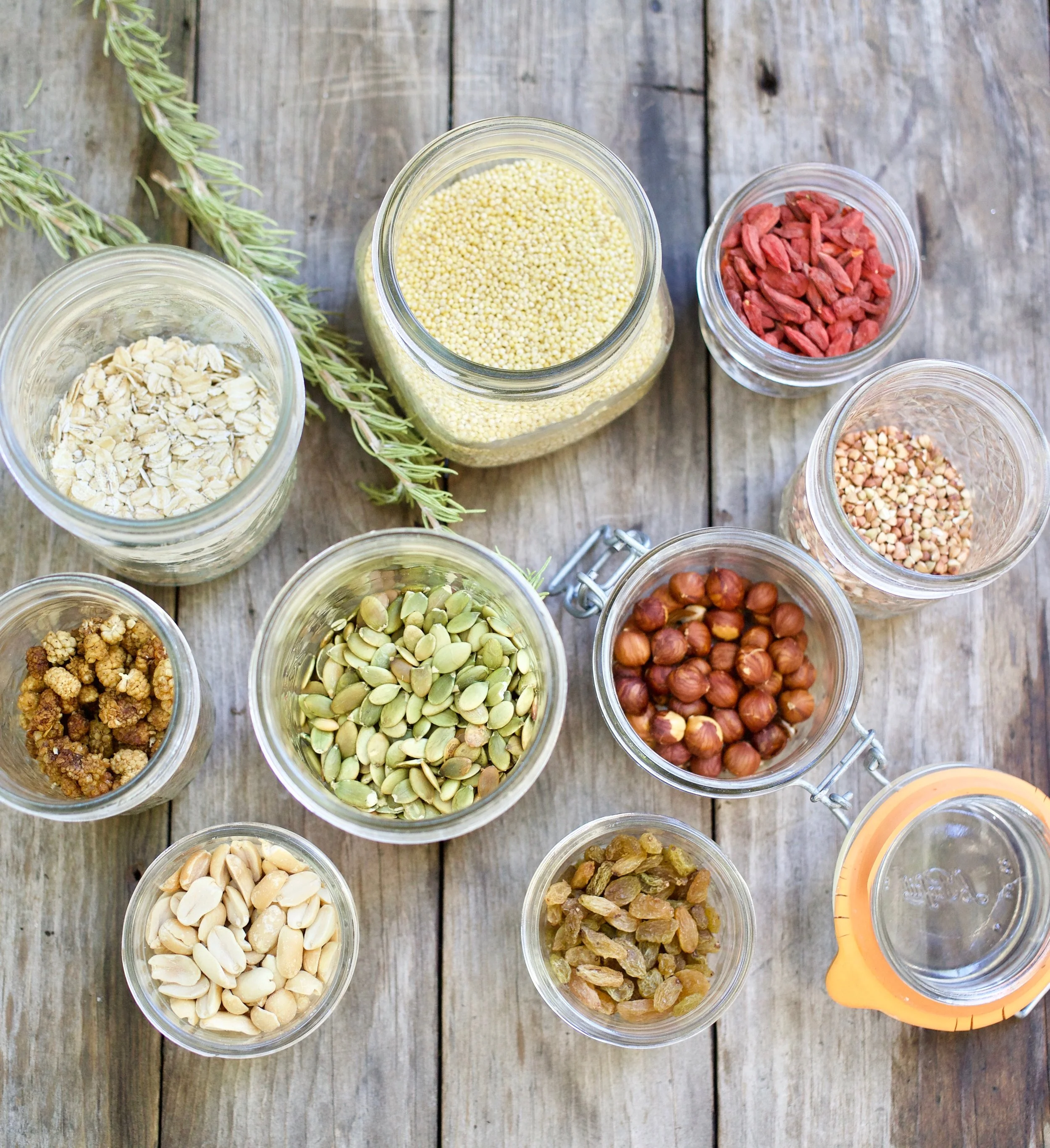 Store nuts, dried fruits, and spices in pretty mason jars, but remember to be mindful of what area of your kitchen will protect the nutritional value. 