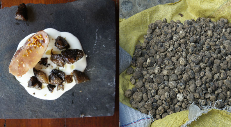 Left, An innovative dish using chuño from the world famed, Gustu. Right, chuño being sold at local market