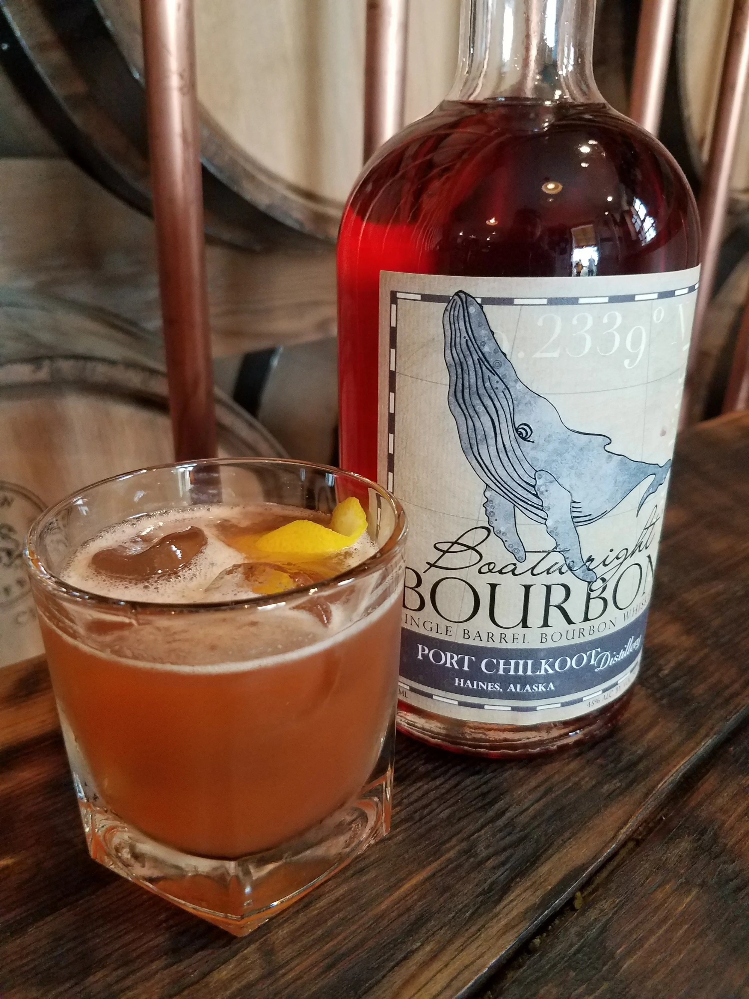 The Svenson 1.5 oz Boatwright Bourbon .5 oz Spruce tip syrup .25 oz Fresh lemon juice 3 dashes Angostura bitters Shake and strain over ice. Garnish with a lemon twist and enjoy! *For a little extra spice, try this with our Wrackline Rye* Spruce Tip Syrup: 1/2 Cup spruce tips 300 mL Sugar 600 mL Water Bring sugar, water and spruce tips to a boil in a saucepan and turn off. Bottle when cool.