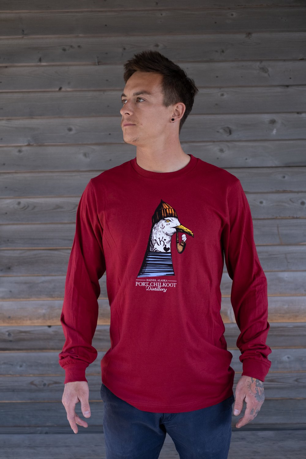 Cardinal Red Long sleeve Seagull Shirt — Port Chilkoot Distillery | T-Shirts