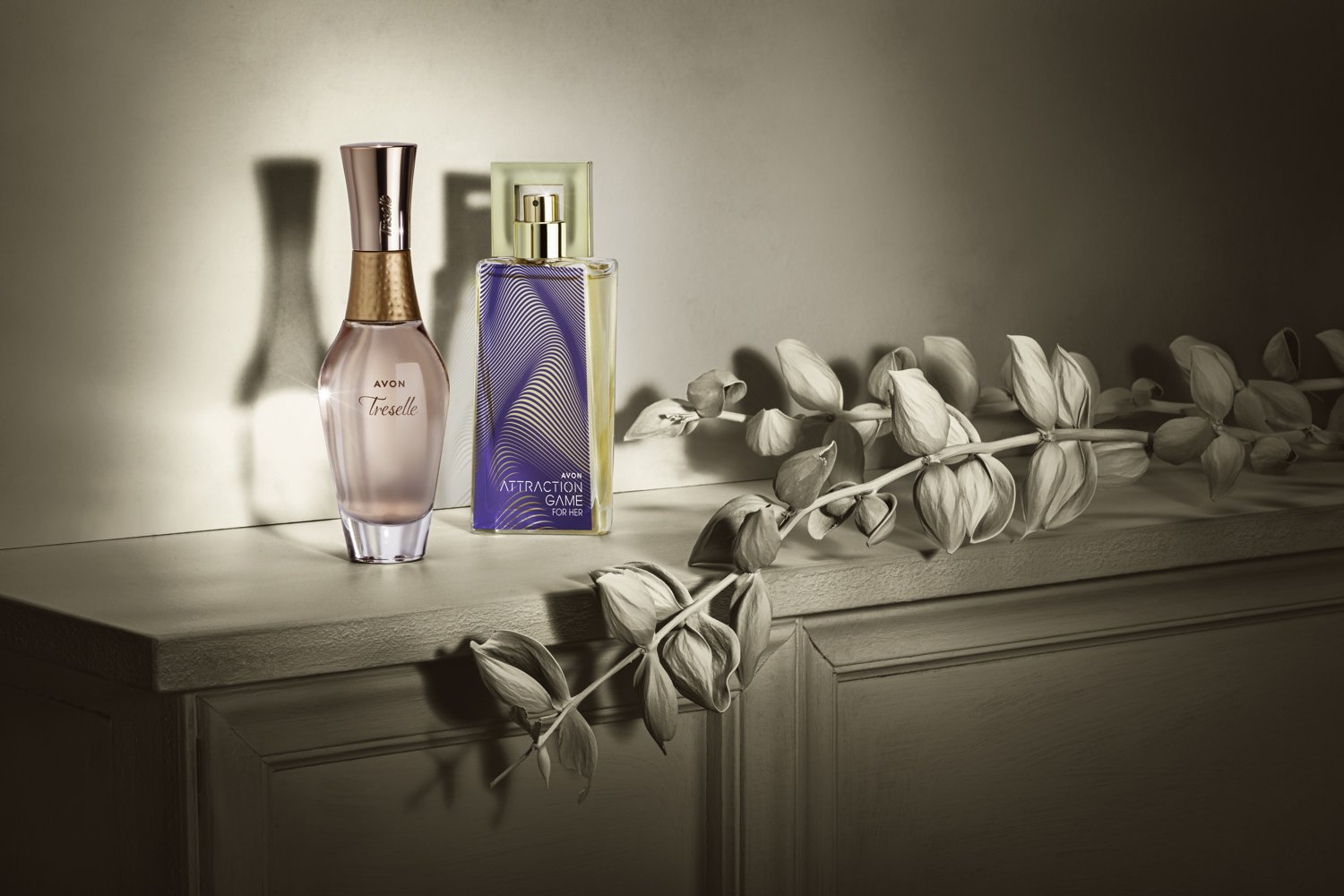Dos frascos de perfume sobre una mesa de madera, con una planta seca decorativa y sombra suave en el fondo.