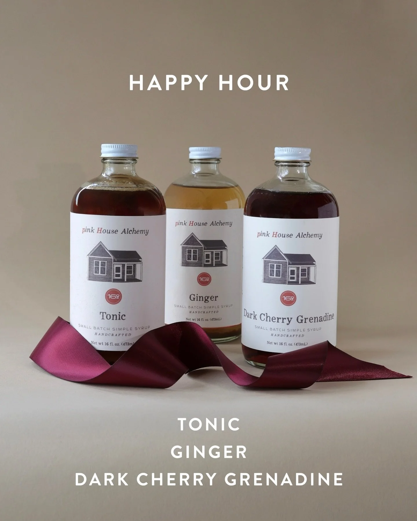 HAPPY HOUR TRIO:, AVAILABLE NOW.
Sweeten your holiday cheers!

🍸Happy Hour Trio🍸
Tonic: clean, zesty, with a crisp bitter bite
Ginger: warm and spicy root heat
Dark Cherry Grenadine: subtly tart and lush sweet depth

Pink House Alchemy&rsquo;s lege