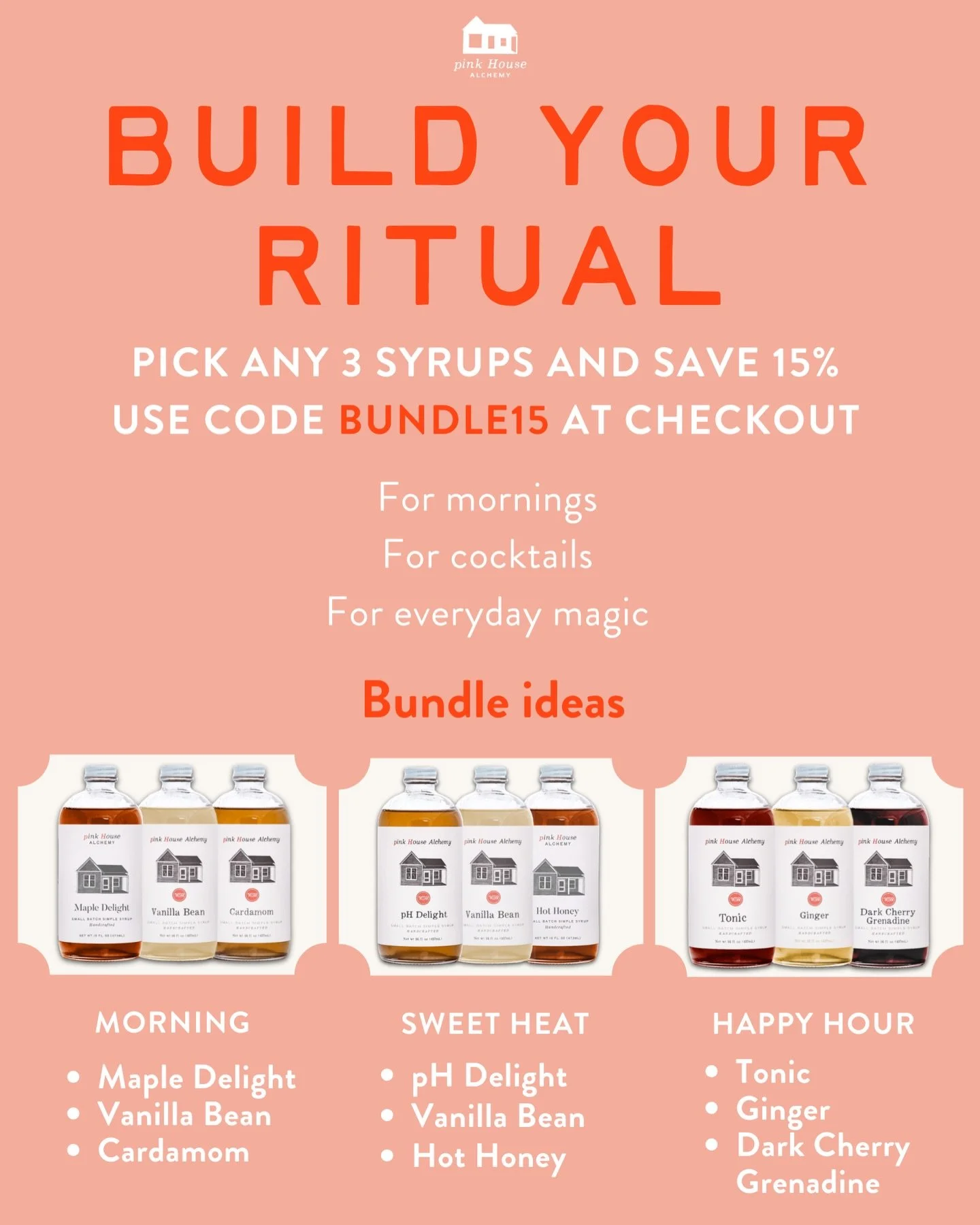 Build your ritual.

Pick any 3 Pink House syrups and save 15% with code BUNDLE15

Coffee in the morning ☕
Cocktails at night 🍸
Everyday magic in between ✨

Which three would you choose?

Bundle ideas if you need inspiration:

☀️ Morning
&bull; Maple