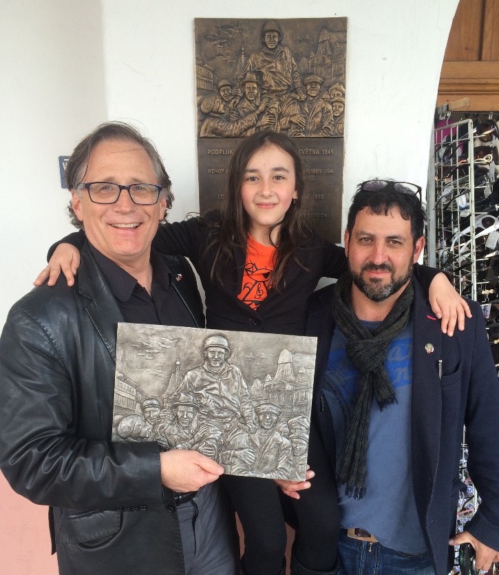 Amar Ibrahim and his daughter with me in front the plaque of my grandfather, Lt. Col. Matt Konop.