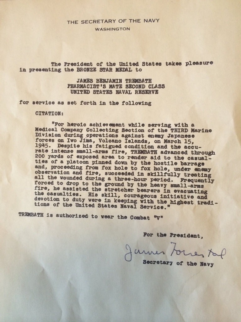 James Trembeth's Bronze Medal Citation. When I read it aloud at his Senior Center two years ago it was the first public acknowledgement of his medal.