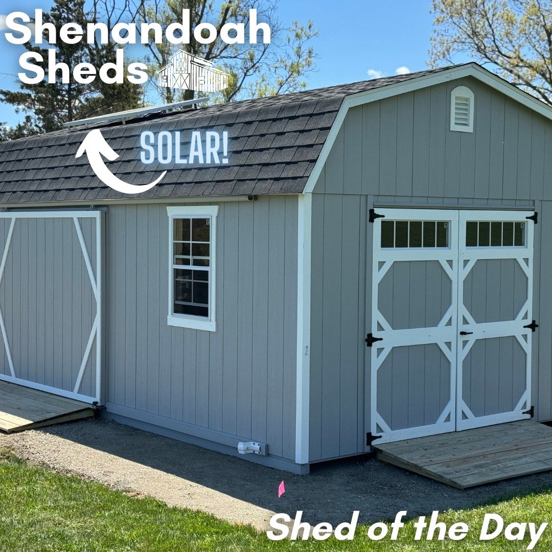 Shed of the Day!

Today, we are featuring a 12x20 Amish-built barn with solar. It features a 7-foot double door, an 8-foot slider door, two windows, two ramps, a loft, a workbench, and our solar package, which includes a 750-watt solar panel, battery