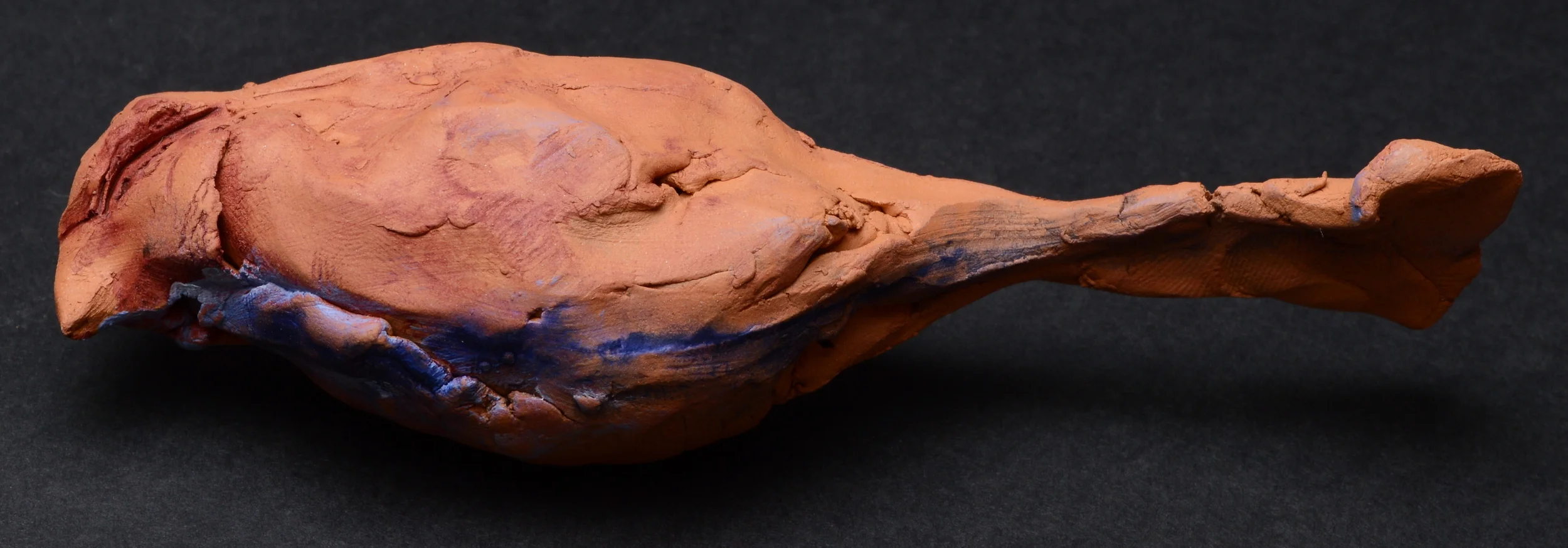  Bird. L: 5.5” Terra Cotta, Paint.