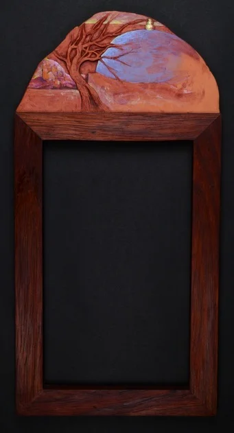 In the Distance. H: 16” Terra Cotta, Paint, Wood. 