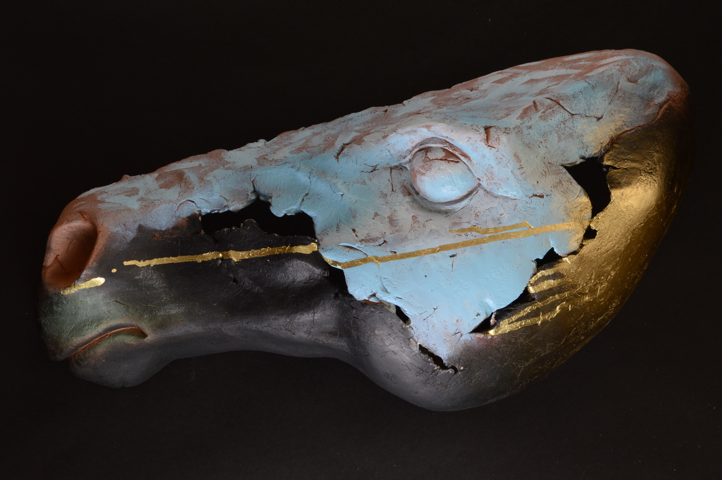  Horse Head 12. L: 21” Terra Cotta, Paint . 
