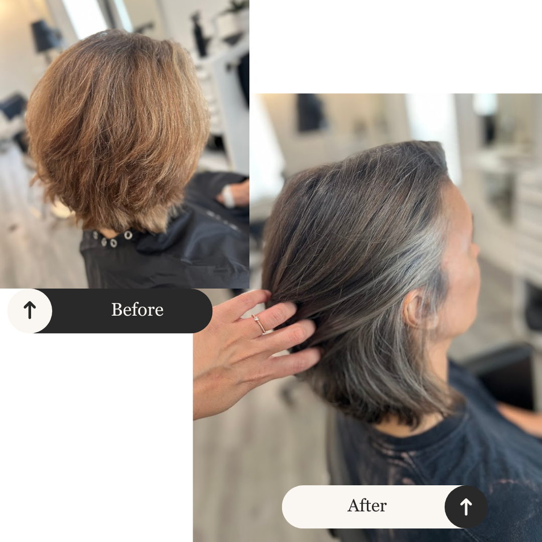 A before and after photo of a client for her gray transformation session.