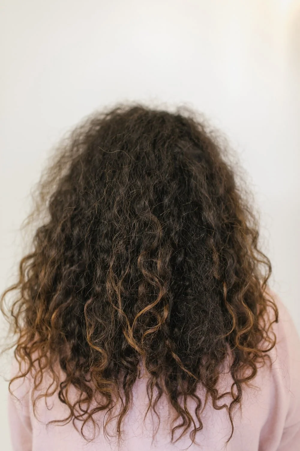 Before: frizzy, undefined curly hair from behind, before a curl cut at Siren Curl Studio in Tulsa