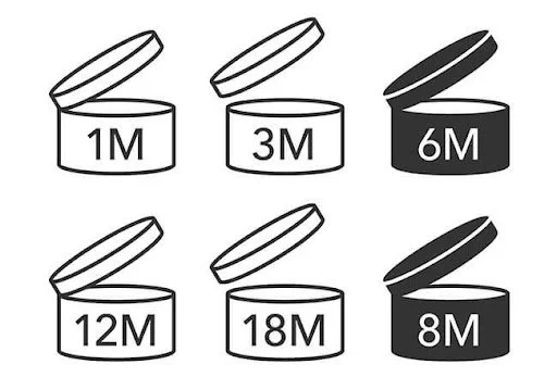 Open jar symbol with a number inside 1M, 3M, 6M, 12M, 18M.