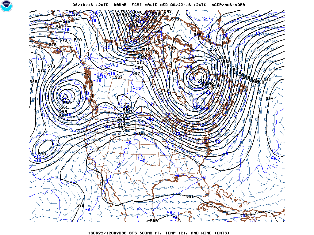 500 Millibar heights in decimeters. Forecast for 7:00 a.m., Wednesday, June 22, 2016. High pressure ridge is pronounced from Eastern Colorado north over the Dakotas into Canada. The strongest flow of the Westerlies ranging from 40 to about 60 mph extends from Northern California to Montana, the ND-SD border to Northern Illinois and Virginia then off the New England coast.