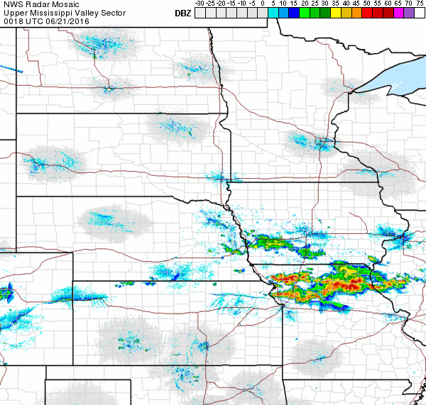 Radar Image from the National Weather Service at 7:18 p.m. CDT, 20 June 2016