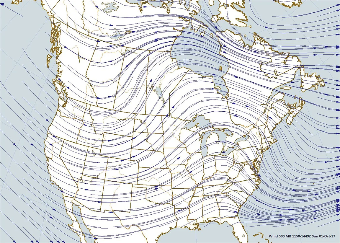500 Millibar Map, 7:00 a.m., CDT, Sunday, October 1, 2017; Plotted using Digital Atmosphere, www.weathergraphics.com