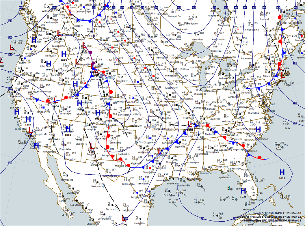 USA Surface Map: 11:00 a.m. CDT., March 23, 2018. Map plotted by Digital Atmosphere Software available at www.weathergraphics.com