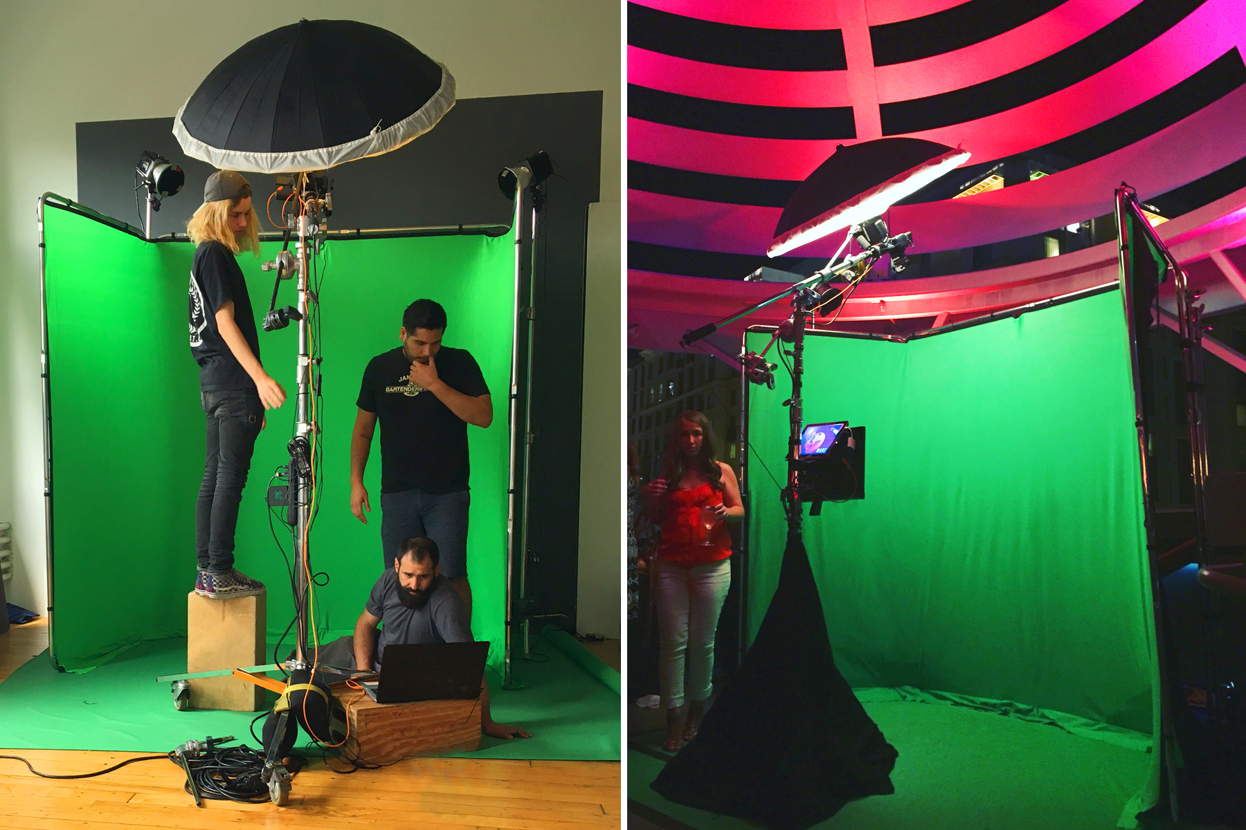 Left: The guys conducting tests at HQ. Right: A proud booth at Comic Con Nerd Nite 