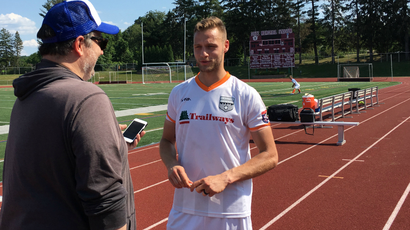 Hat-trick hero Michael Creswick does a post-match interview after Stockade FC's lopsided win.