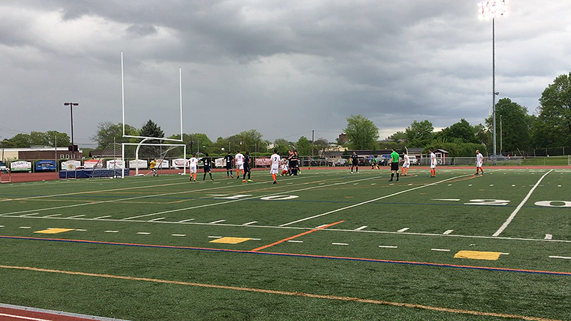 A side view of Koziol's free-kick goal for Kingston.