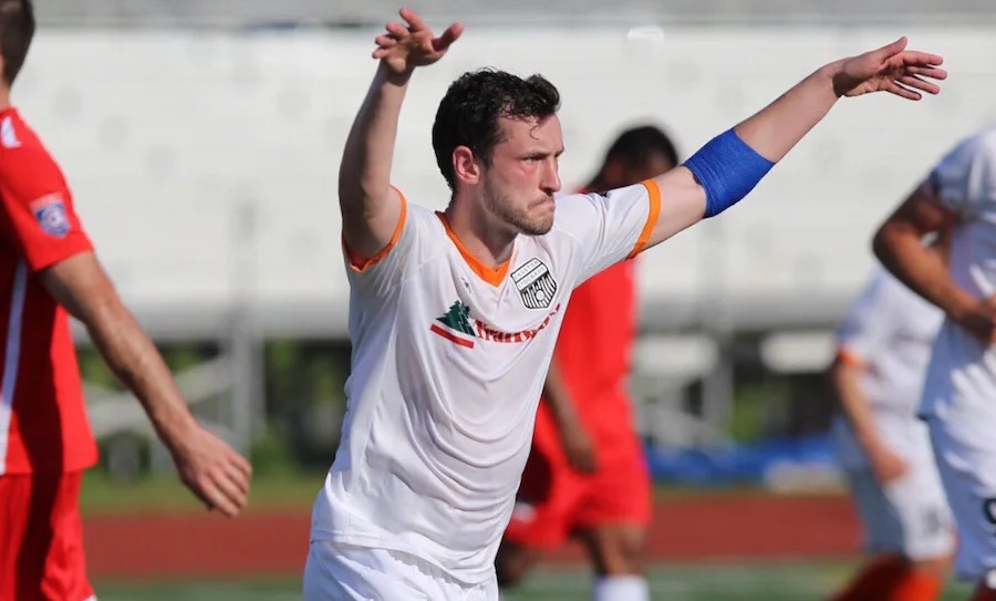 Matt Koziol celebrates a successful penalty kick against Boston City FC.