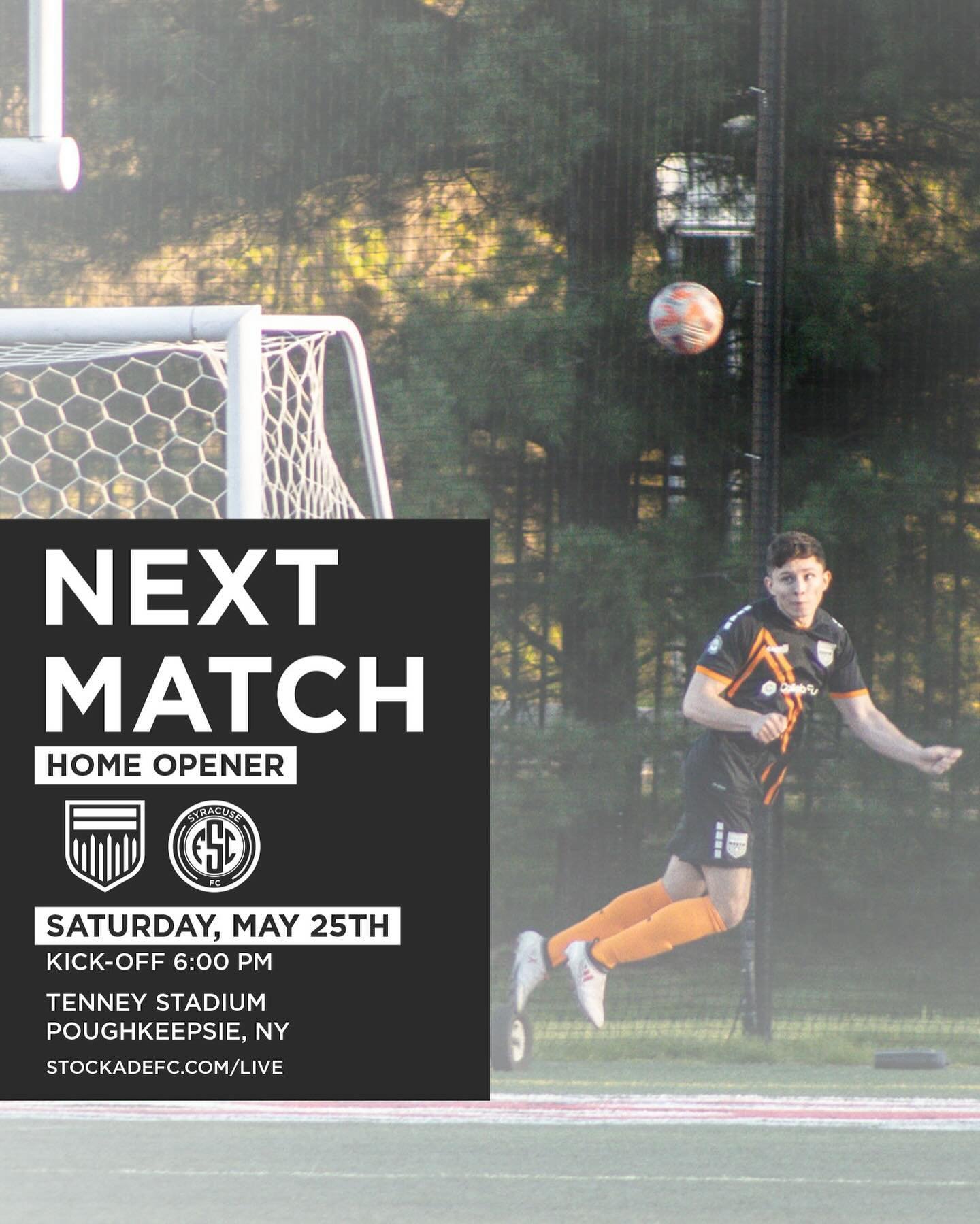⏭️ Next Up: HOME OPENER: Match Day 4

We are back at Tenney Stadium on Saturday night as we open a 5-match (!!!) home stand! Tickets on sale now at stockadefc.com/tickets 

📆 Sat. May 25
⏰ 6PM
🆚 Syracuse FC
🏟️Tenney Stadium (Marist College, Poughk