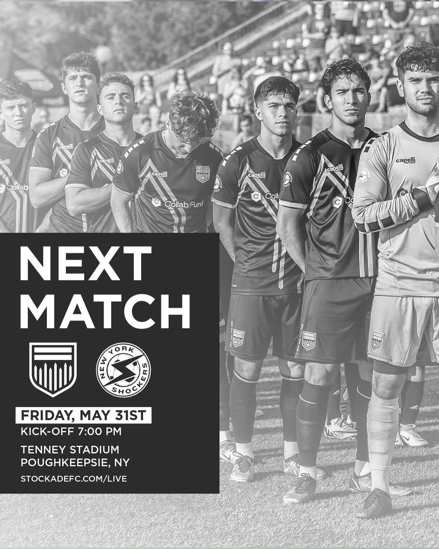 ⏭️ Next Up: Match Day 5 at Tenney!

We return to Tenney on Friday night as New York Shockers travel south for an important match-up! Tickets on sale now at stockadefc.com/tickets 

📆 Friday May 31st
⏰ 7PM
🆚 NY Shockers
🏟️Tenney Stadium (Marist Col