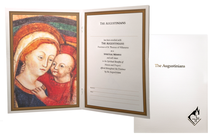 SYMPATHY CARD (DELUXE NON-PADDED) Suggested donation: $20.00 Size: 9.25 x 7 This sympathy card features Our Mother of Good Counsel. The Augustinian devotion to Mary under this title has its origin in the hill-town church of Genazzano, Italy, where the Augustinians have been located since the 13th Century.