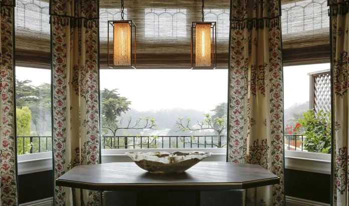 Espalier Apple trees viewed from inside.