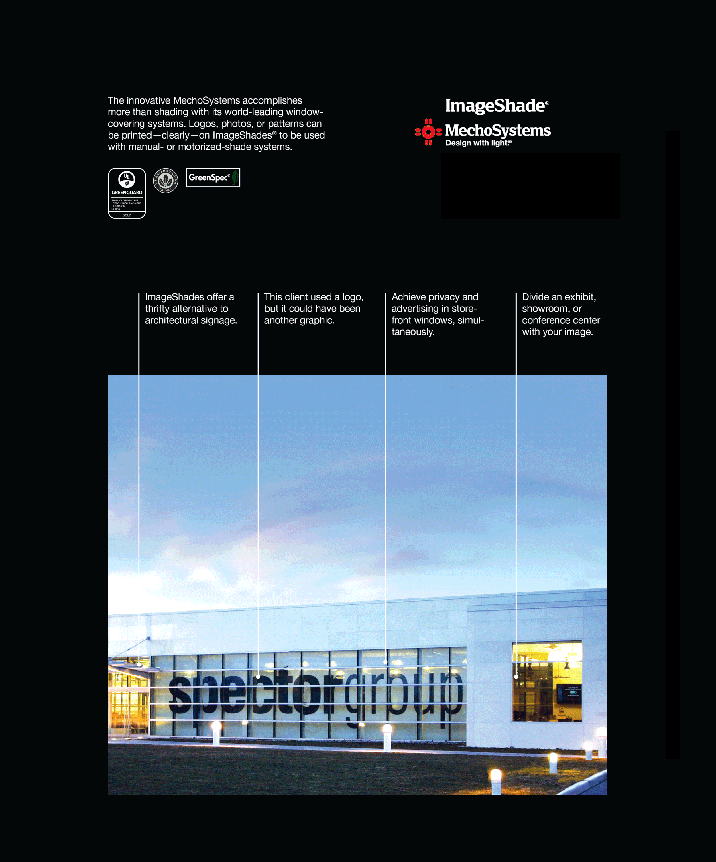 Full-page ad calling out all the features of an ImageShade installation.