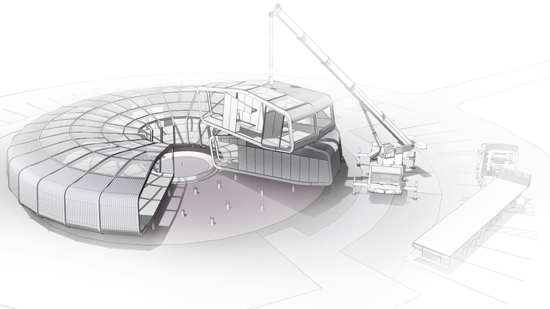 Building is designed as a lightweight structural frame comprised of sixteen units. These units are independent for purposes of transport to different location as well as quick assembly/disassembly process.