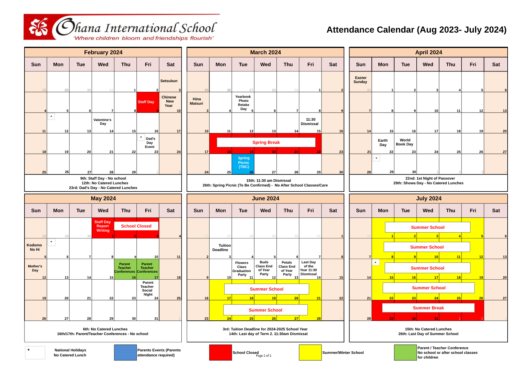 School Calendar - Ohana International School