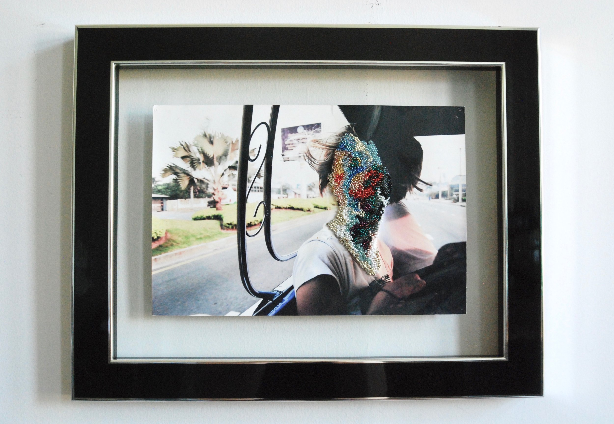 In Thailand With The Wind Blowing In My Hair. Seed beads embroidered on photograph. 38,5 x 45,2 cm. 2015.