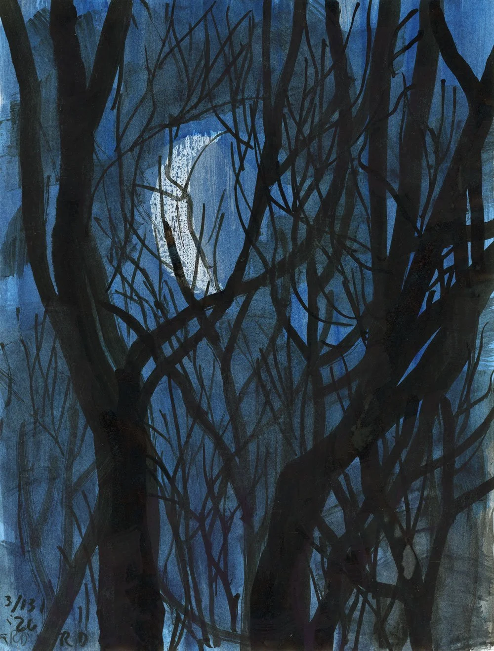 The crescent moon seen behind a screen of black tree branches