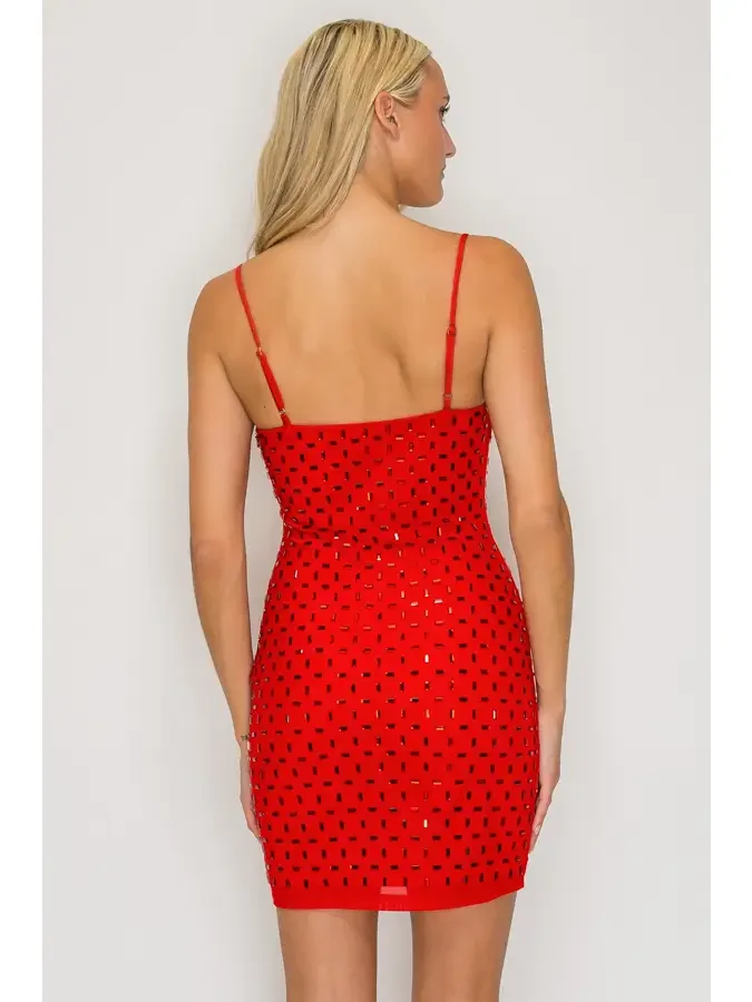 woman in red dress