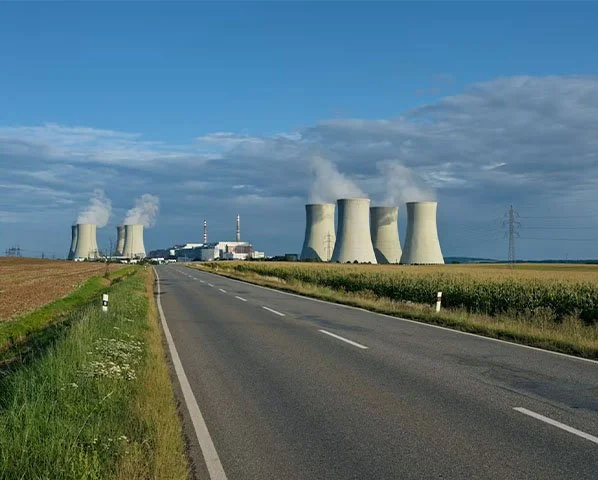 Banner showing a nuclear power plant for the Robatel Industries webinar titled 