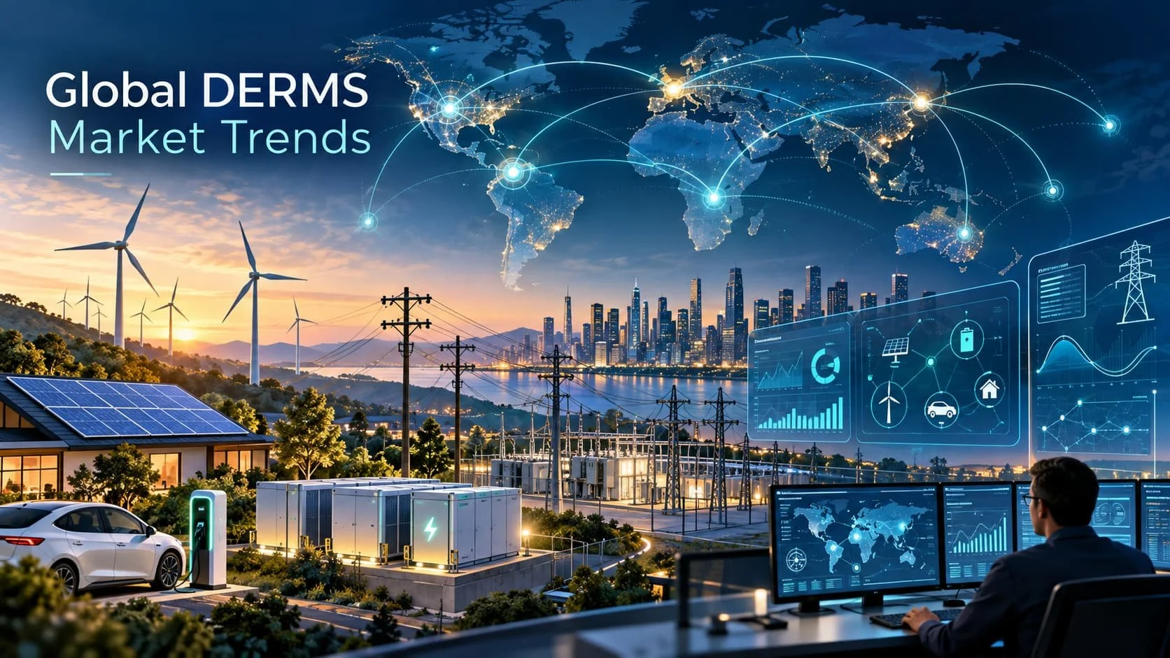 Global DERMS market trends: rooftop solar, EV charging, battery storage and wind connected to a utility control room