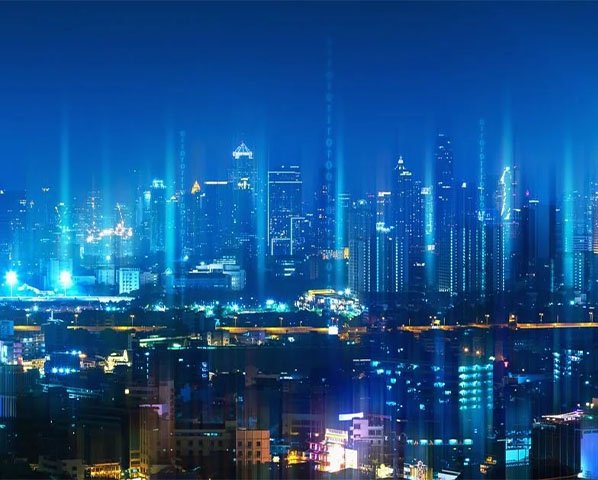 Banner showing a smart city skyline representing digital grid technology for the mPrest webinar titled 